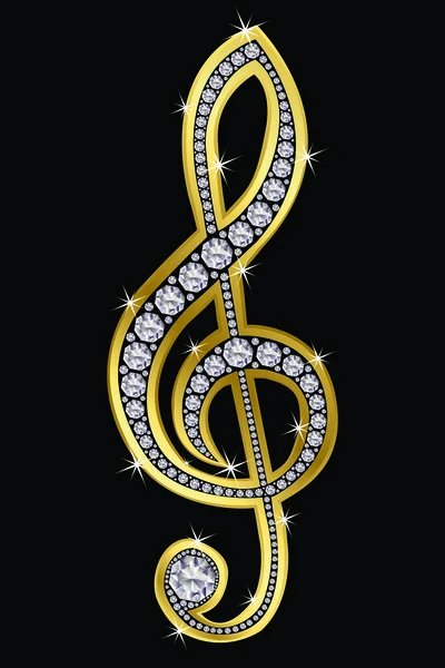 Treble clef golden with diamonds, vector illustration — Stock Vector