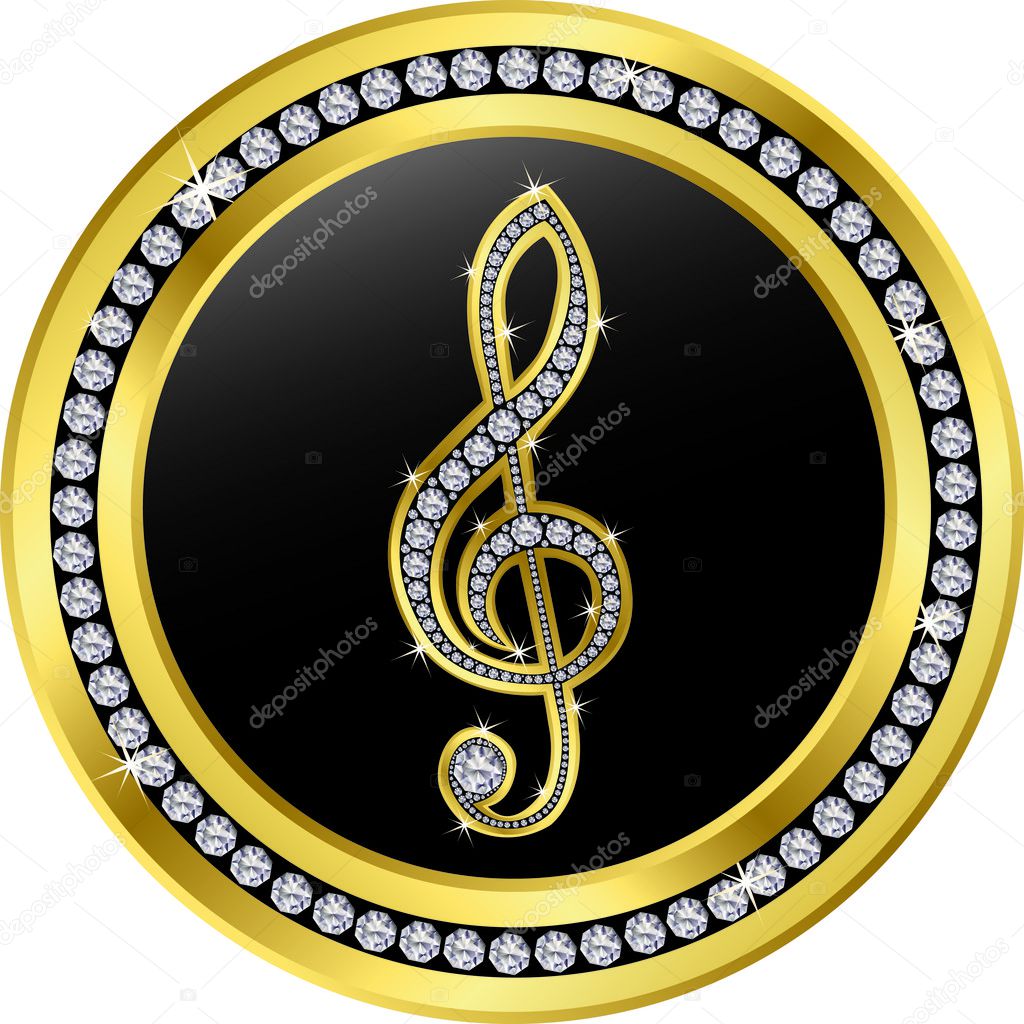 Treble clef button, golden with diamonds, vector illustration