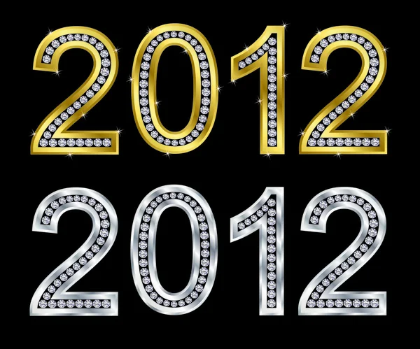 Año nuevo 2012 oro y plata con diamantes, ilustración vectorial — Vector de stock