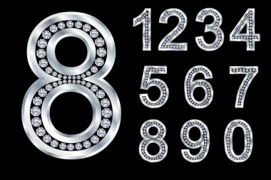 Numbers set, from 1 to 9, silver with diamonds clipart