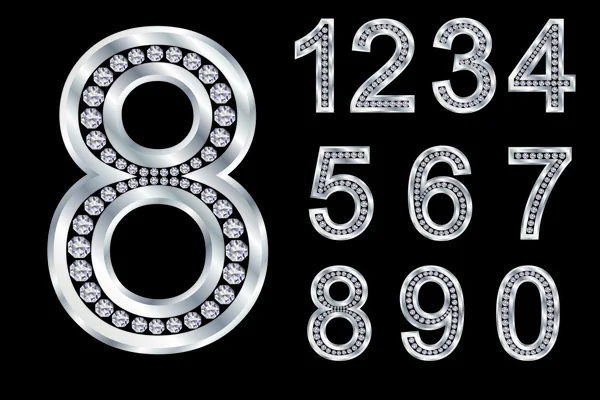 Números definidos, de 1 a 9, prata com diamantes —  Vetores de Stock