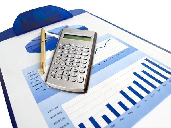 Pen, rekenmachine en investeringen grafiek — Stockfoto