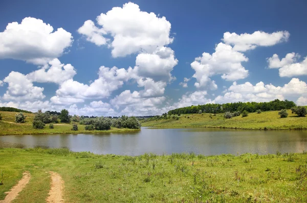 Пейзаж с озером, лесом и голубым небом — стоковое фото