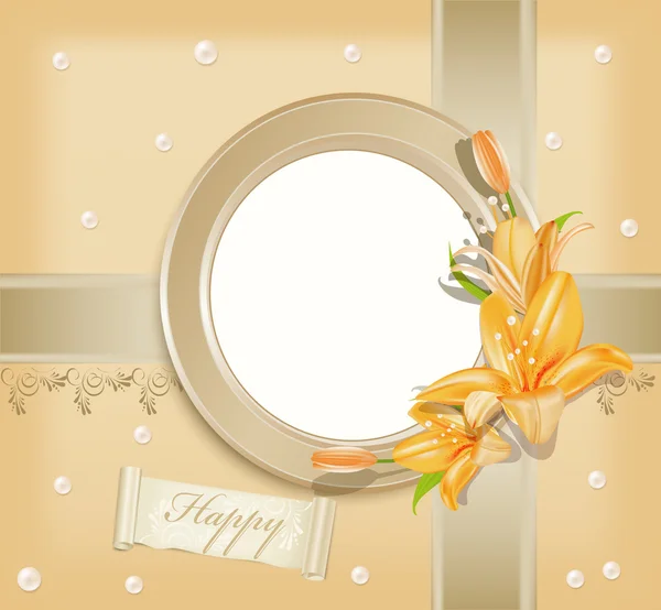 Vector background with circular photo frame, lilies and pearls — Stock Vector