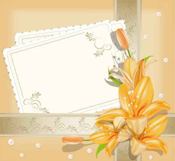 Vektor Hintergrund mit Grußkarten, Lilien, Schleifen und pe — Stockvektor