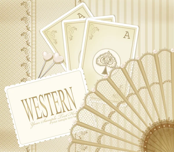 Fundo vetorial em estilo ocidental com o ventilador e cartão de jogar — Vetor de Stock