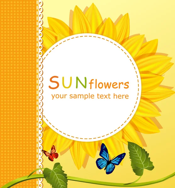 Vector vakantie achtergrond met een ronde kaart, zonnebloemen — Stockvector