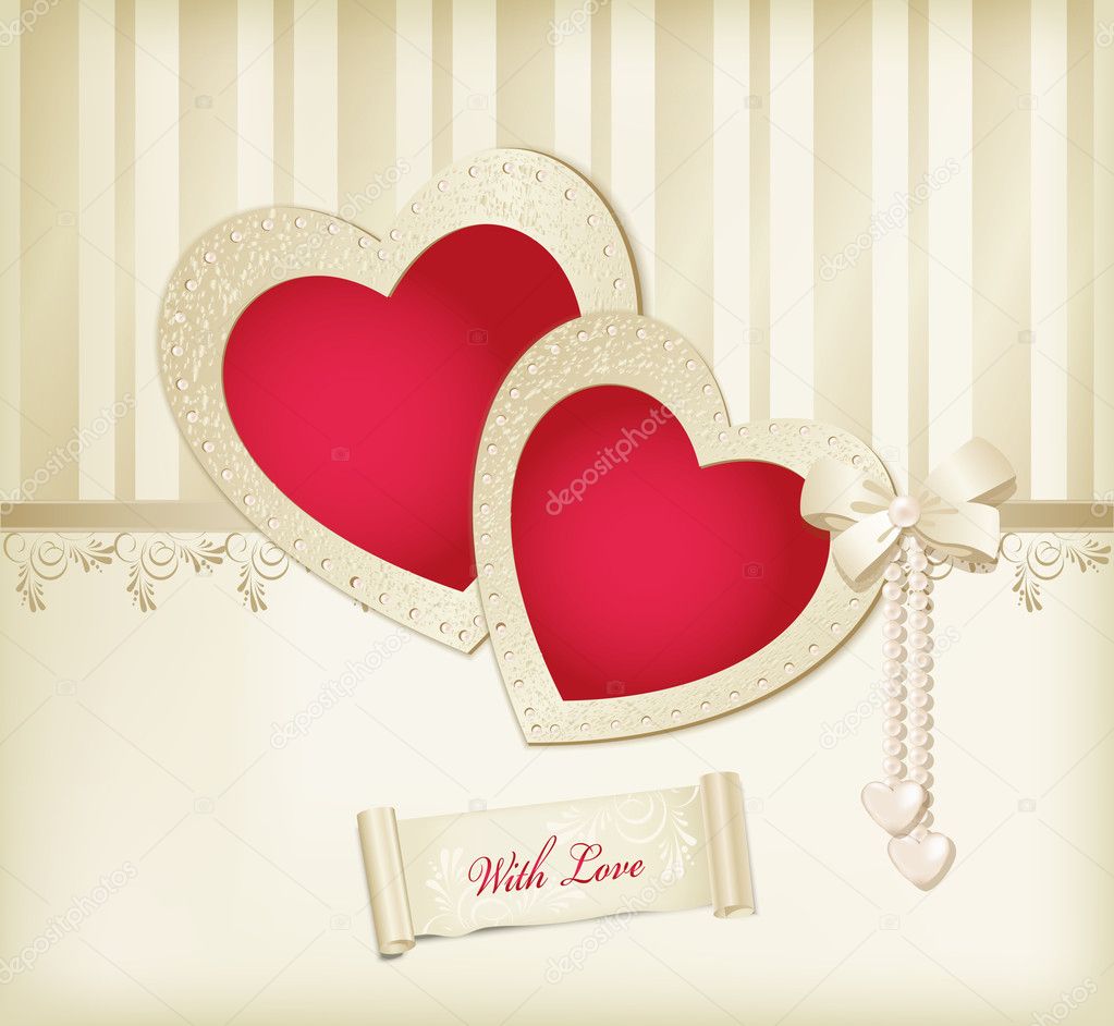 Vector beige background with photo frames two red hearts, ribbon