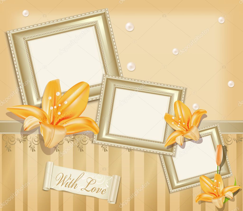 Vector background with three photo frames, ribbon, pearls and