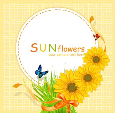 Vector holiday background with a round card, sunflowers and gree clipart