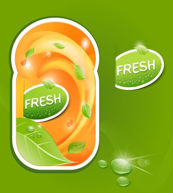 Vector stickers with a juicy, fresh background with leaves and d clipart