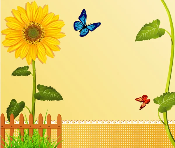 Vector achtergrond met gele zonnebloemen, hek, groen gras en — Stockvector