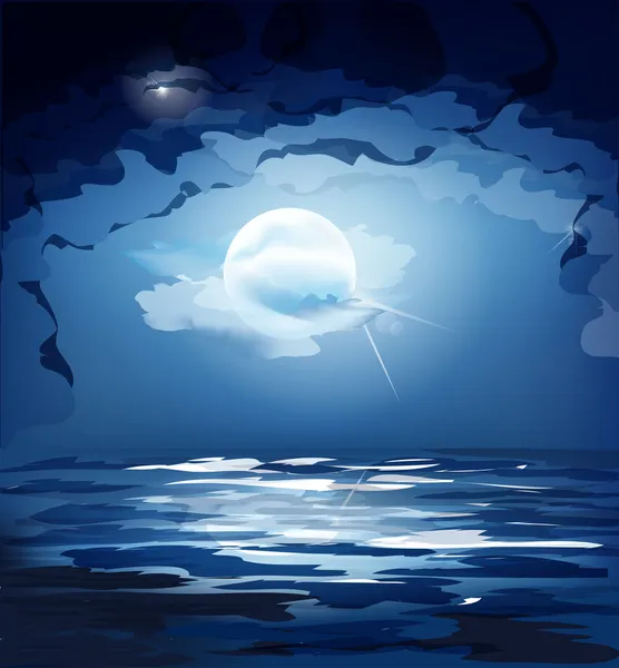 Vektor mörk blå natthimlen, månen och havet — Stock vektor
