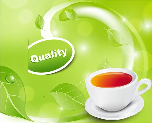 Yeşil arka planda yaprakları olan vektör beyaz çay fincanı — Stok Vektör