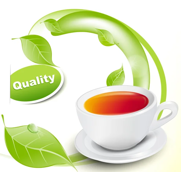 Vector white cup of tea with leaves on white-yellow background — Stock Vector