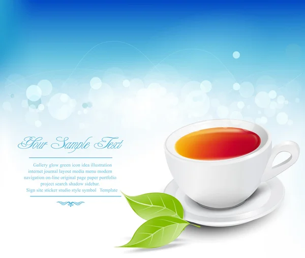 Vetor copo de chá branco com as folhas em um fundo azul — Vetor de Stock