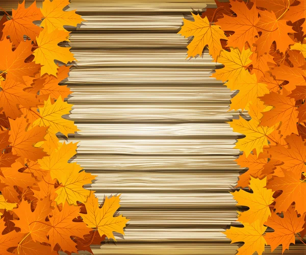 Wektor liści jesienią na tle ściany drewniane — Wektor stockowy