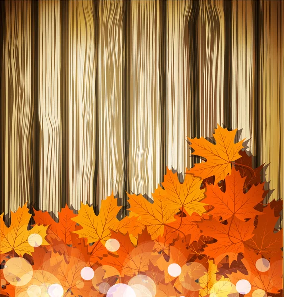 Vektor őszi levelek, a háttérben egy fából készült fal — Stock Vector