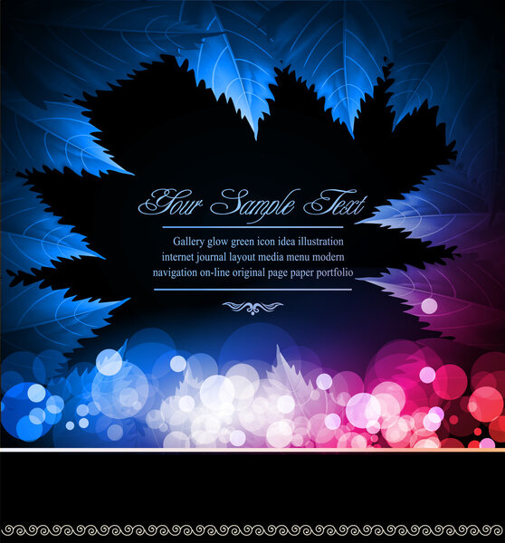 Веторный абстрактный черный фон с неоновыми листьями и размытием
