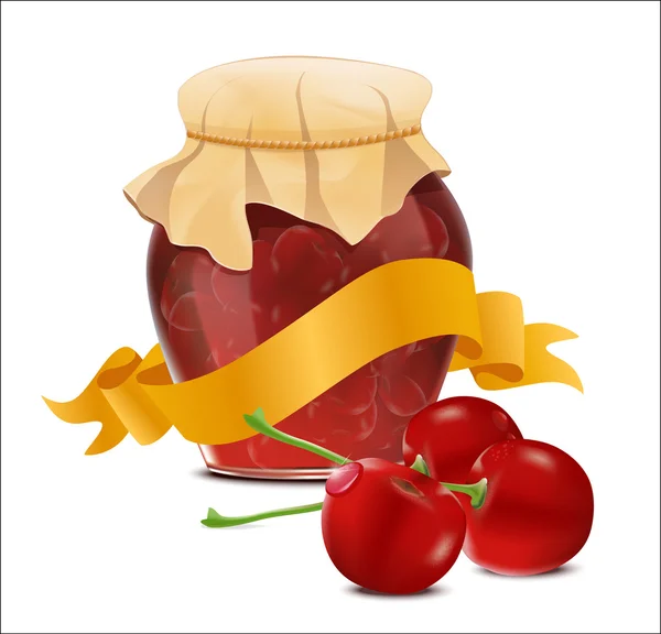 Vektorové plechovku cherry jam s červenou stuhou na bílém pozadí — Stockový vektor