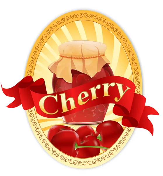 Vector label met een pot van cherry jam en een lint — Stockvector