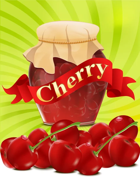 Vektorové plechovku cherry jam s červenou stuhou na zeleném pozadí — Stockový vektor