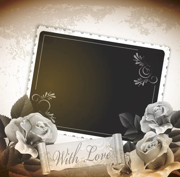 Grunge vectoriel, romantique, fond vintage avec des roses et une voiture — Image vectorielle