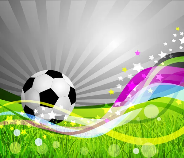 Διάνυσμα φόντο μπάλα ποδοσφαίρου, χόρτο και πολύχρωμο κύμα — Διανυσματικό Αρχείο