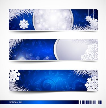 Vector set of Christmas festive banners with snowflakes and silv clipart