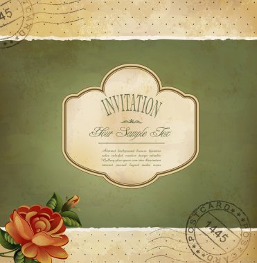 Grunge vintage invitation with a rose and postmarked clipart