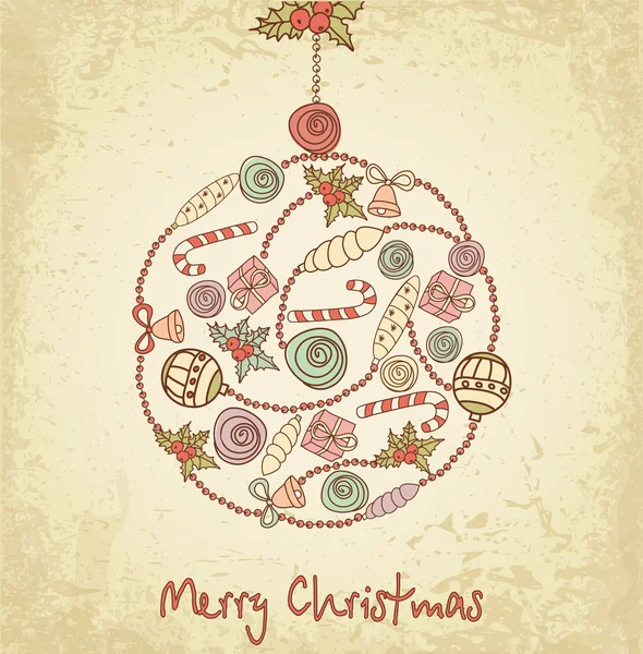 Weihnachtskugel handgefertigt auf Grunge-Hintergrund mit Weihnachtsartikel — Stockvektor