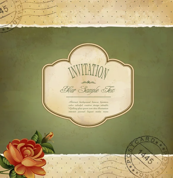Grunge vintage invitation with a rose and postmarked — Stock Vector