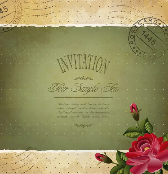 Grunge vintage πρόσκληση με ένα τριαντάφυλλο και ταχυδρομική σφραγίδα — Διανυσματικό Αρχείο