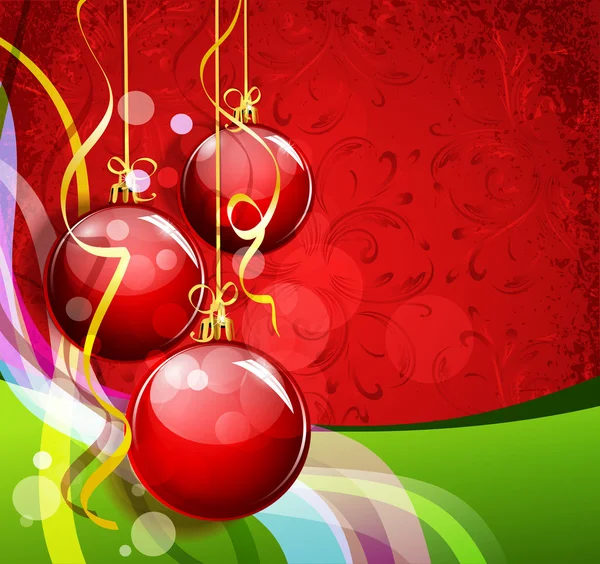 Dalgalar ve kırmızı topları ile yeni yıl kırmızı-yeşil arka plan — Stok Vektör