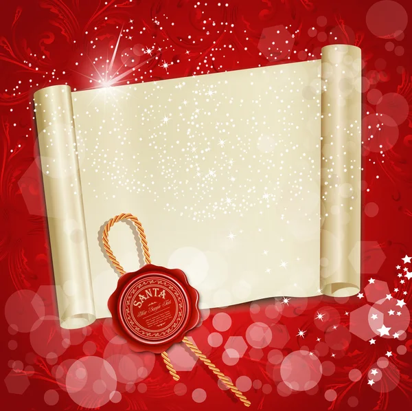 O pergaminho de Ano Novo com o selo de cera de Santa em um fundo de férias — Vetor de Stock