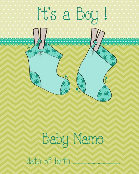 Baby Boy Arrival Card with socks — Stock Vector