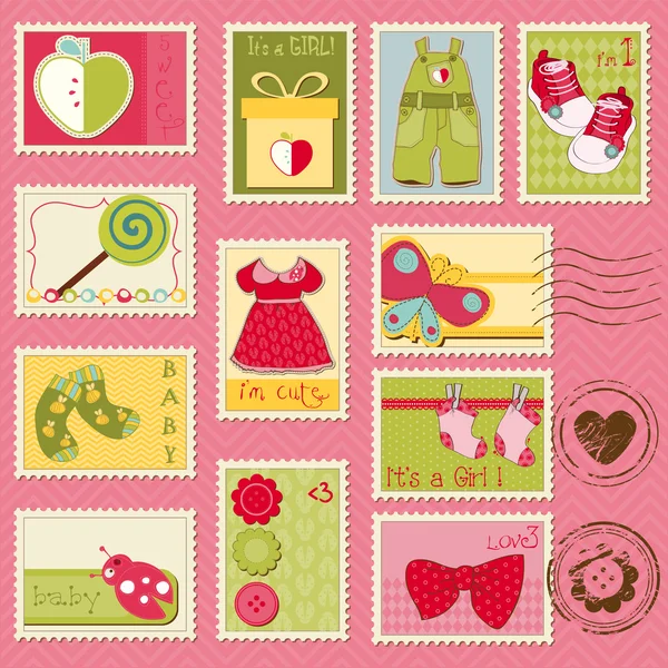 Μωρό κορίτσι γραμματόσημα — Διανυσματικό Αρχείο