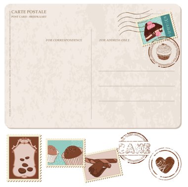 Set of cupcakes on old postcard, with stamps - for design and sc clipart