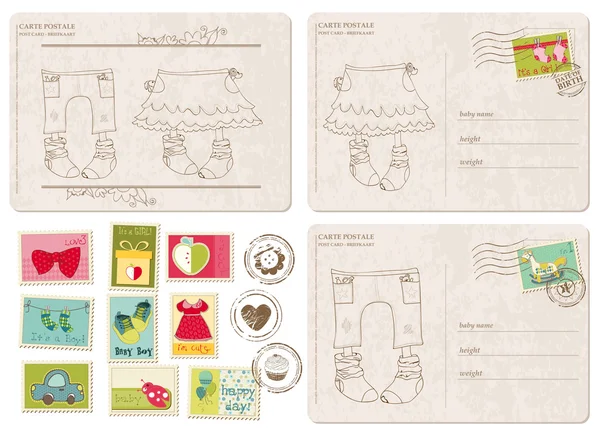 Ensemble de cartes postales d'arrivée de bébé avec timbres — Image vectorielle