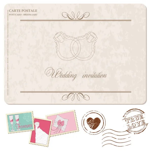 スタンプ - 設計のためのレトロな結婚式の招待ポストカードと — ストックベクタ