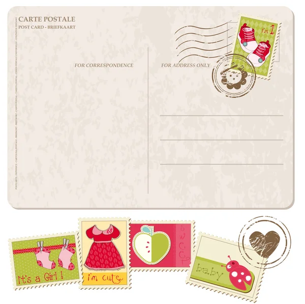 Σύνολο μωρό κορίτσι άφιξη καρτ ποστάλ με γραμματόσημα — Διανυσματικό Αρχείο