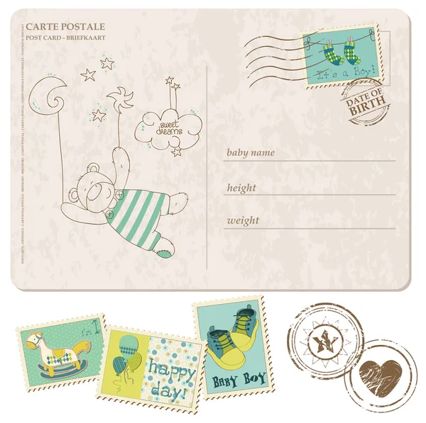 Baby boy ankomst vykort med uppsättning av frimärken — Stock vektor