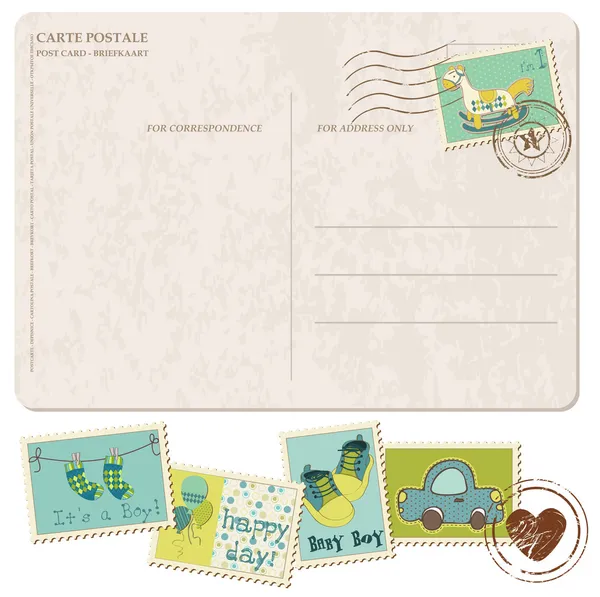 Baby jongen aankomst ansichtkaart met instellen van postzegels — Stockvector