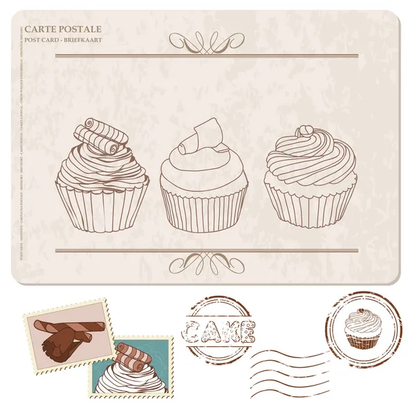 Set cupcakes pada kartu pos lama, dengan perangko - untuk desain dan sc - Stok Vektor