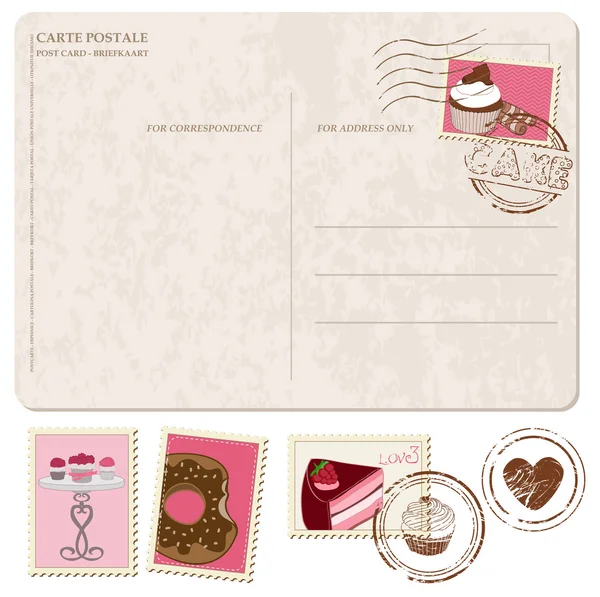 Conjunto de cupcakes em cartão postal antigo, com selos - para design e sc — Vetor de Stock