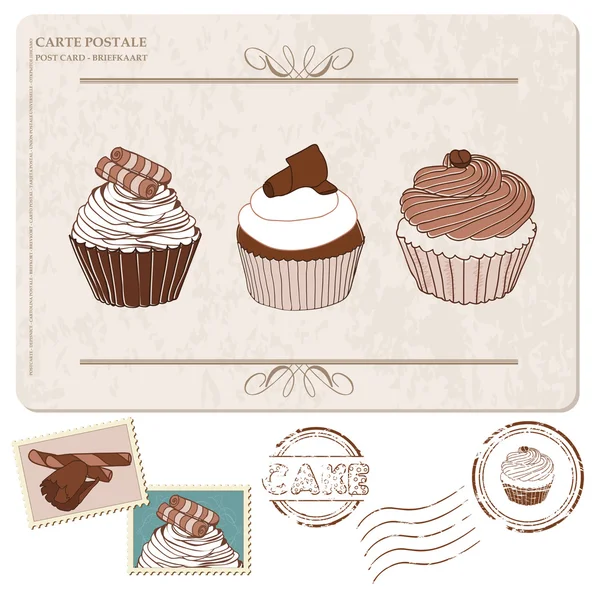 Set of cupcakes on old postcard, with stamps - for design and sc — Stock Vector