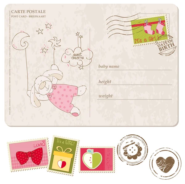 Baby Boy Arrival Postcard with set of stamps — Stock Vector