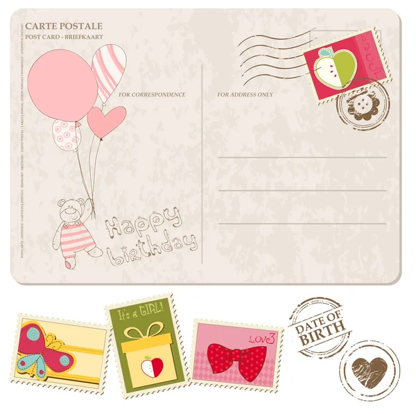 Baby Girl Arrival Postcard with set of stamps Vector Graphics