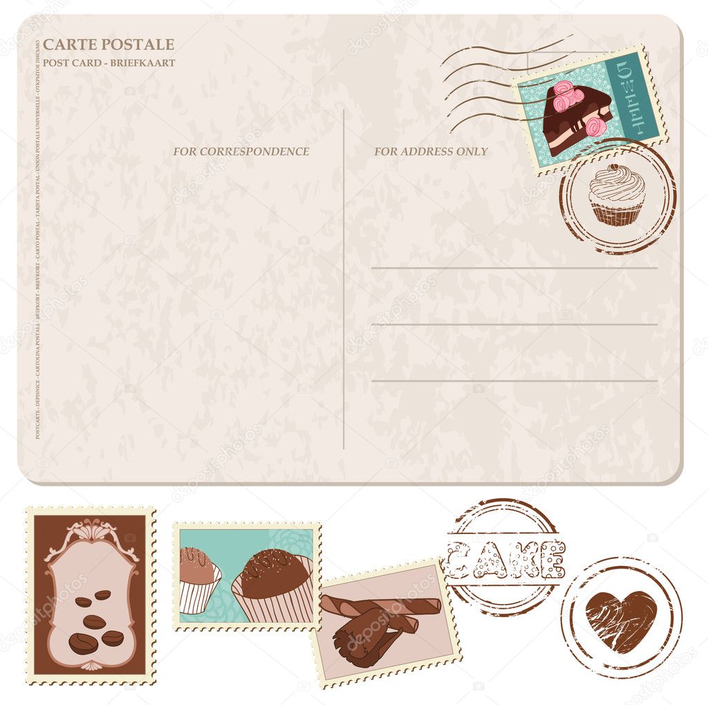 Set of cupcakes on old postcard, with stamps - for design and sc