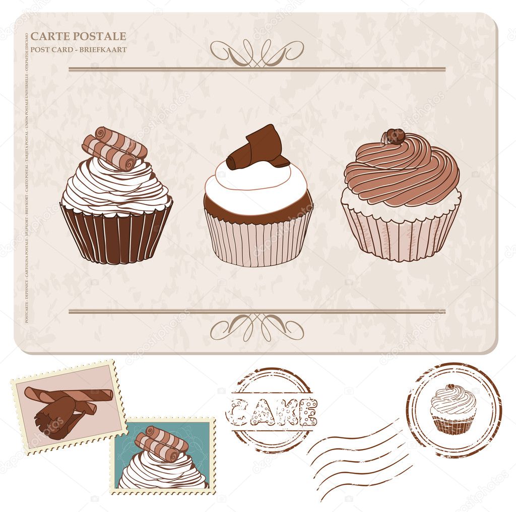Set of cupcakes on old postcard, with stamps - for design and sc